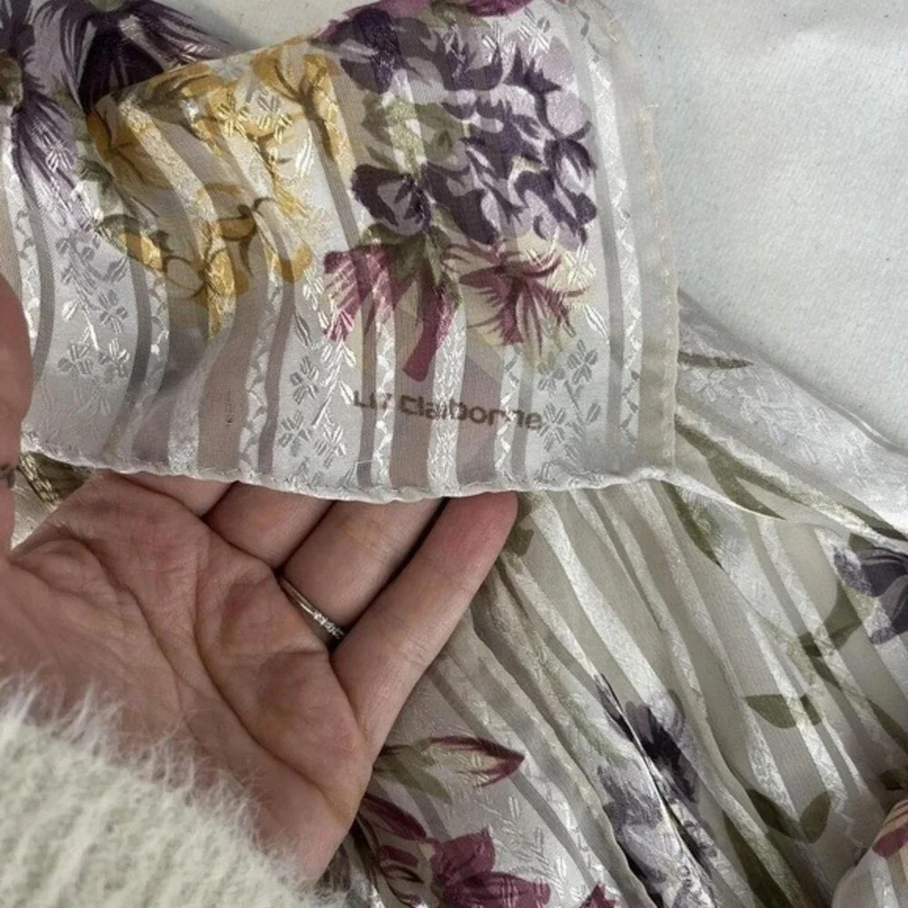 Liz Claiborne Women Floral Striped Oblong Scarf Cream Gold Purple Sheer Metallic